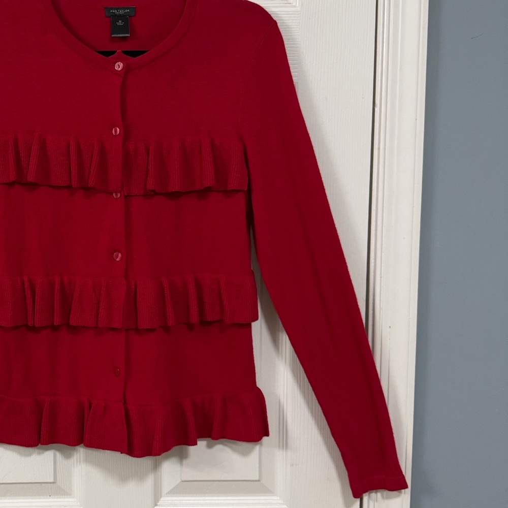 Ann Taylor Red Ruffled Button Down Sweater Holiday Cocktail Party Office - Picture 9 of 15